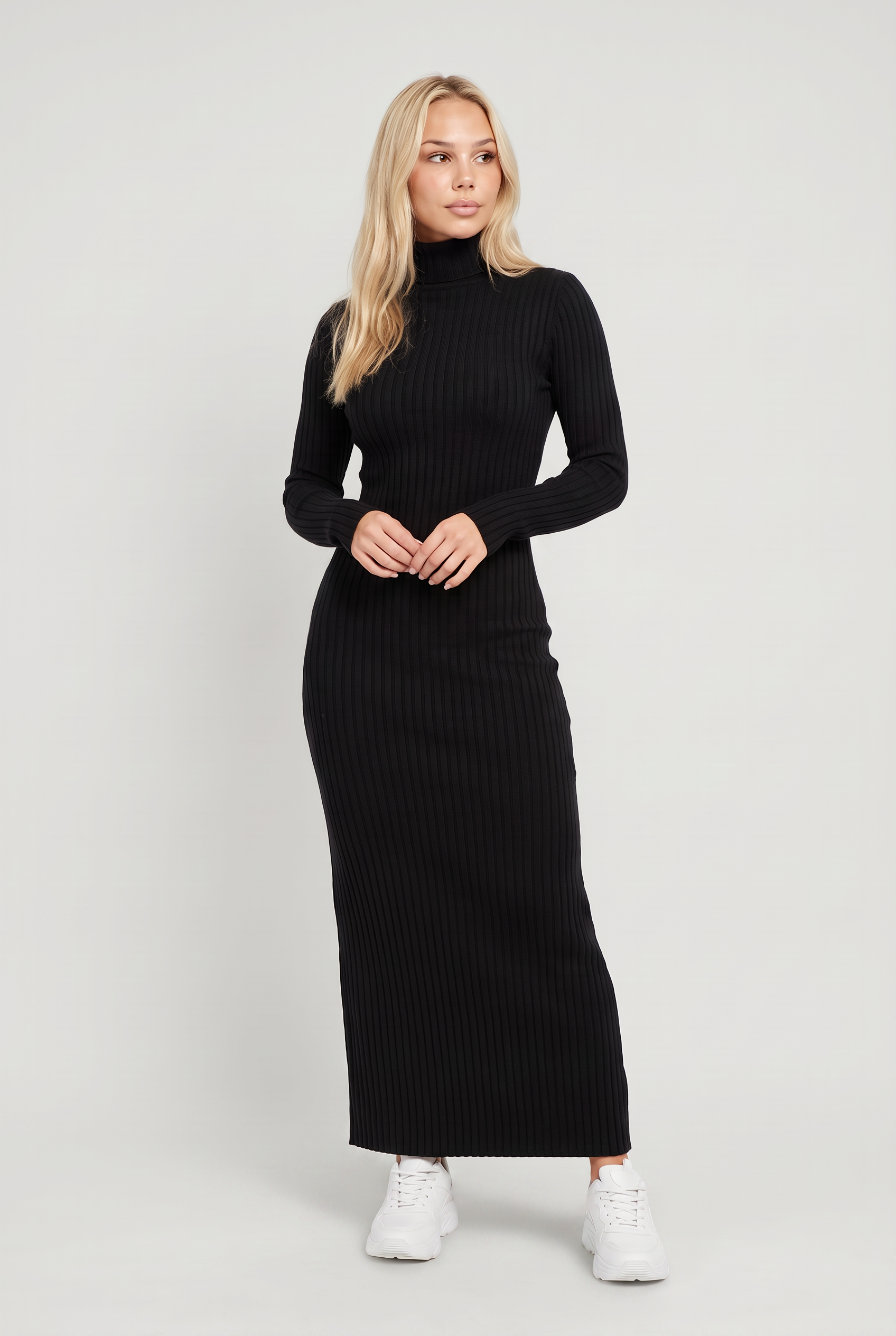 Women’s Knitted Midi Dress Long Sleeve Polo Collar Ribbed