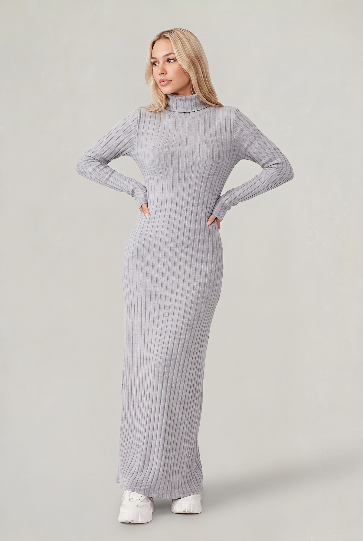 Women’s Knitted Midi Dress Long Sleeve Polo Collar Ribbed
