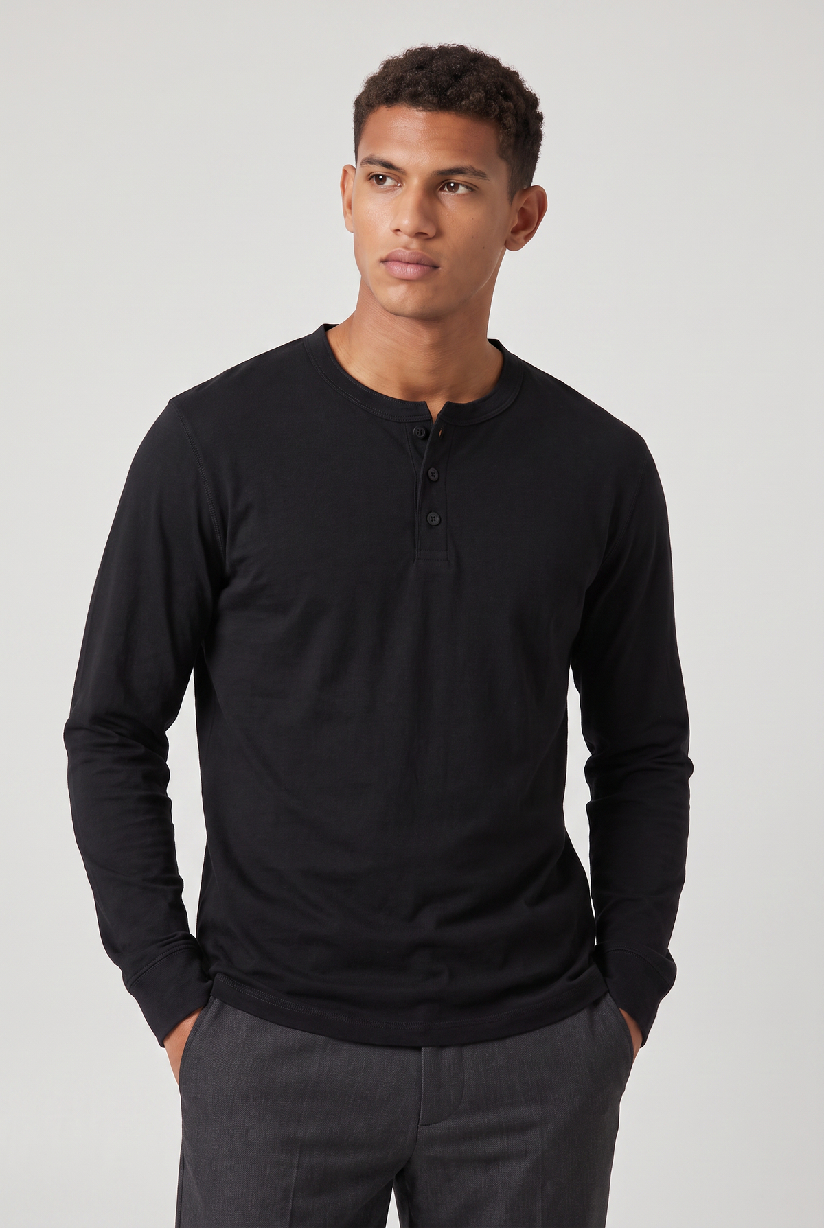 Men’s Long Sleeve Henley Shirt - Button Neck Regular Fit