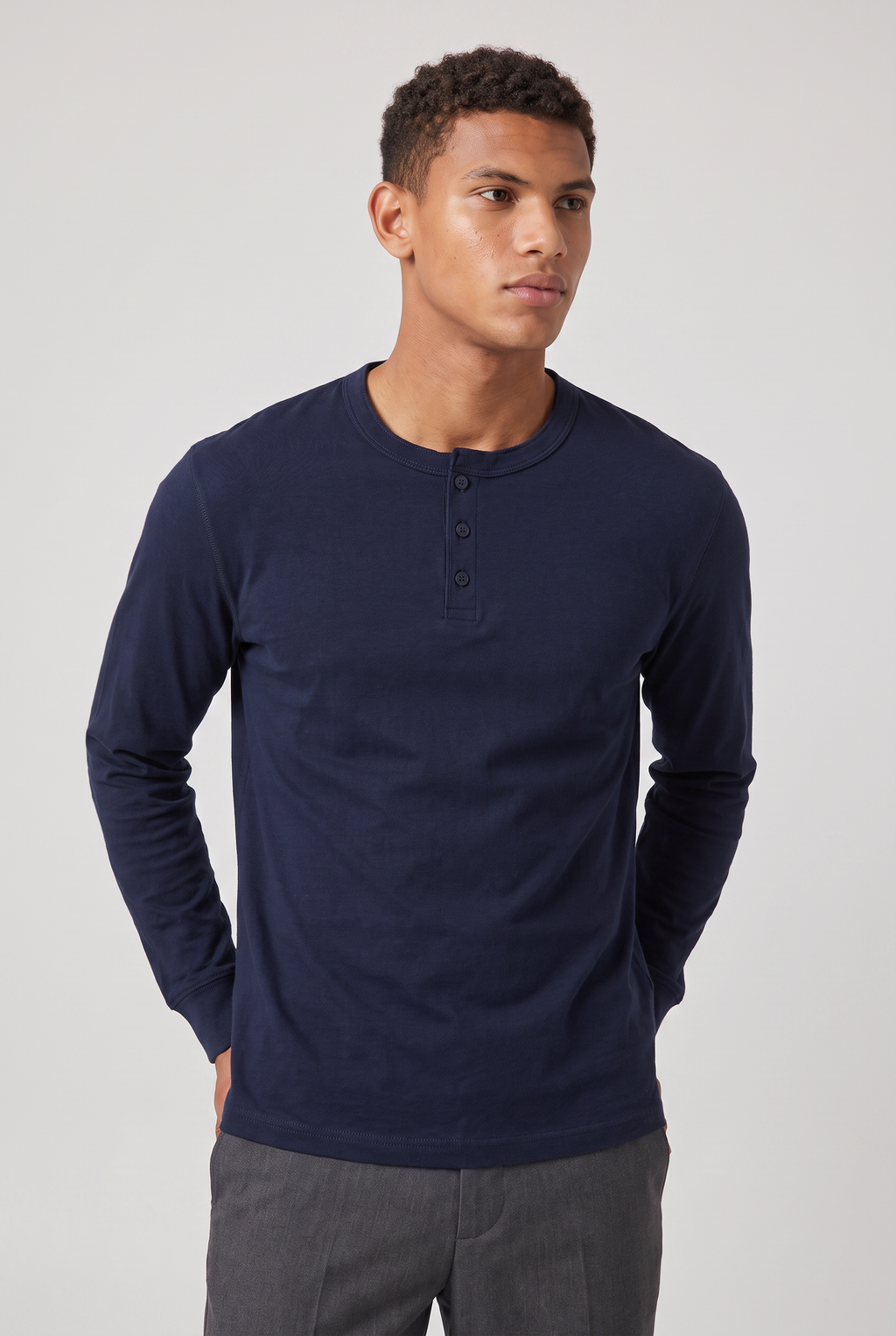 Men’s Long Sleeve Henley Shirt - Button Neck Regular Fit