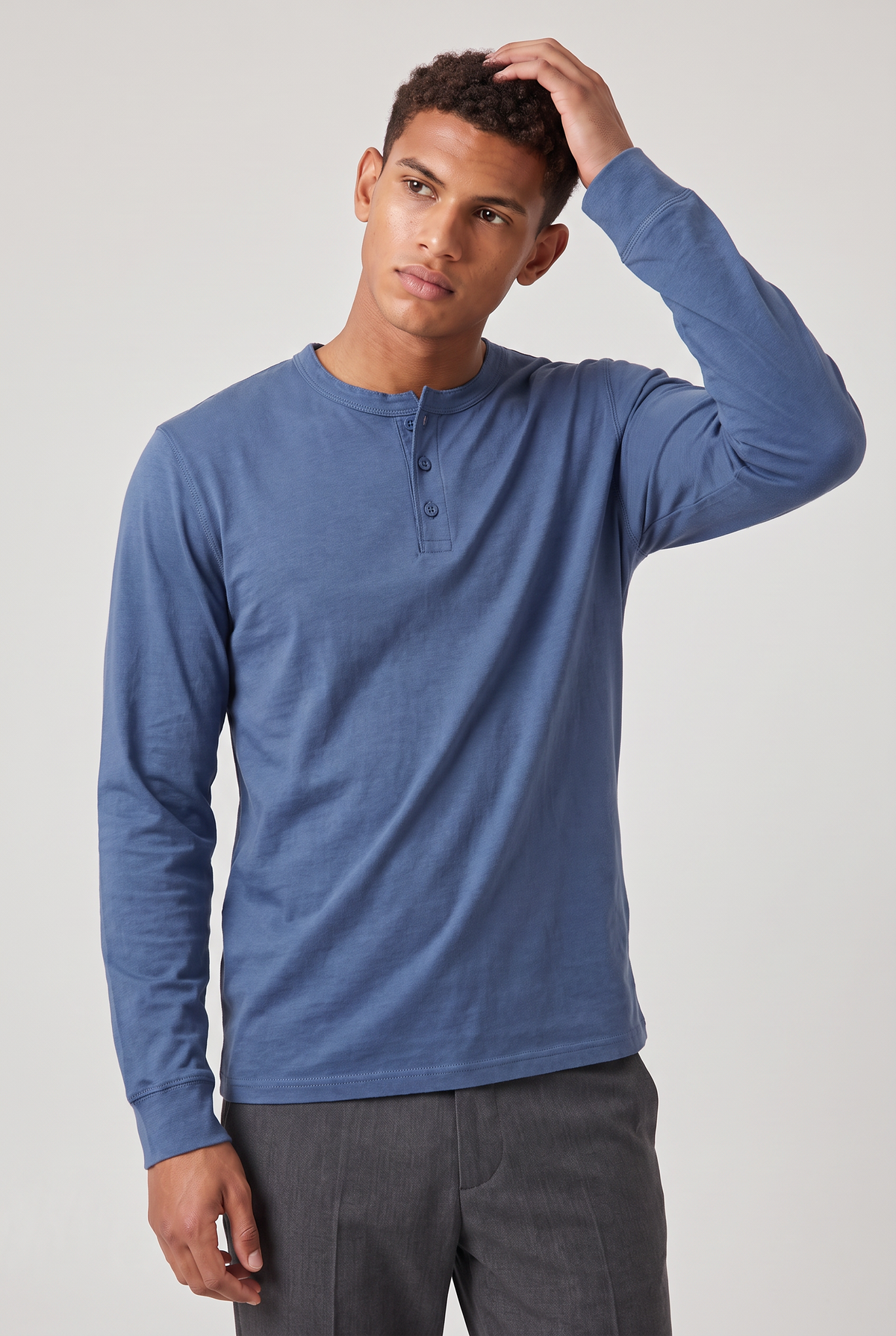 Men’s Long Sleeve Henley Shirt - Button Neck Regular Fit