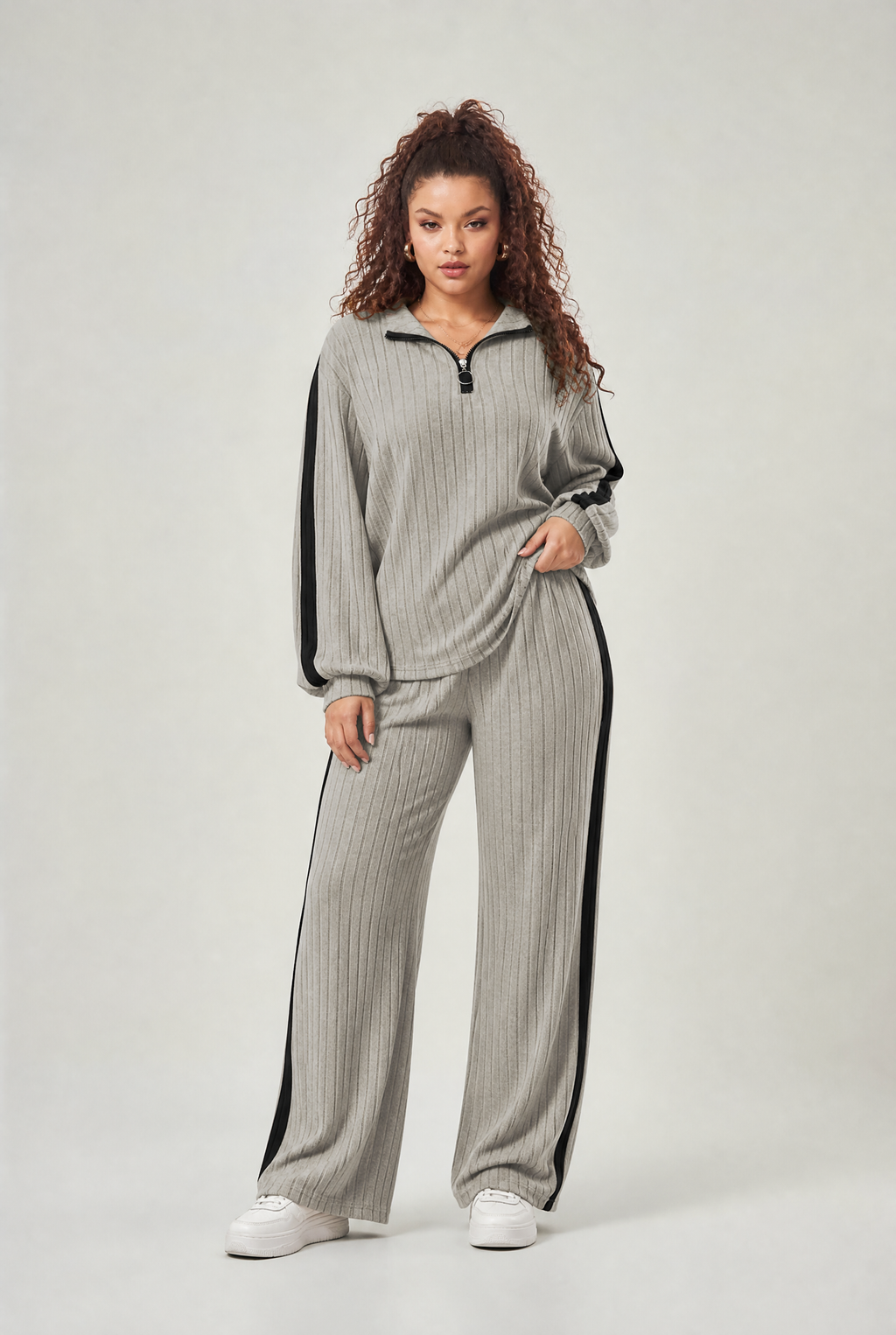 Women's Plus Size Ribbed Half Zip Lounge Set - Two Piece Co Ord