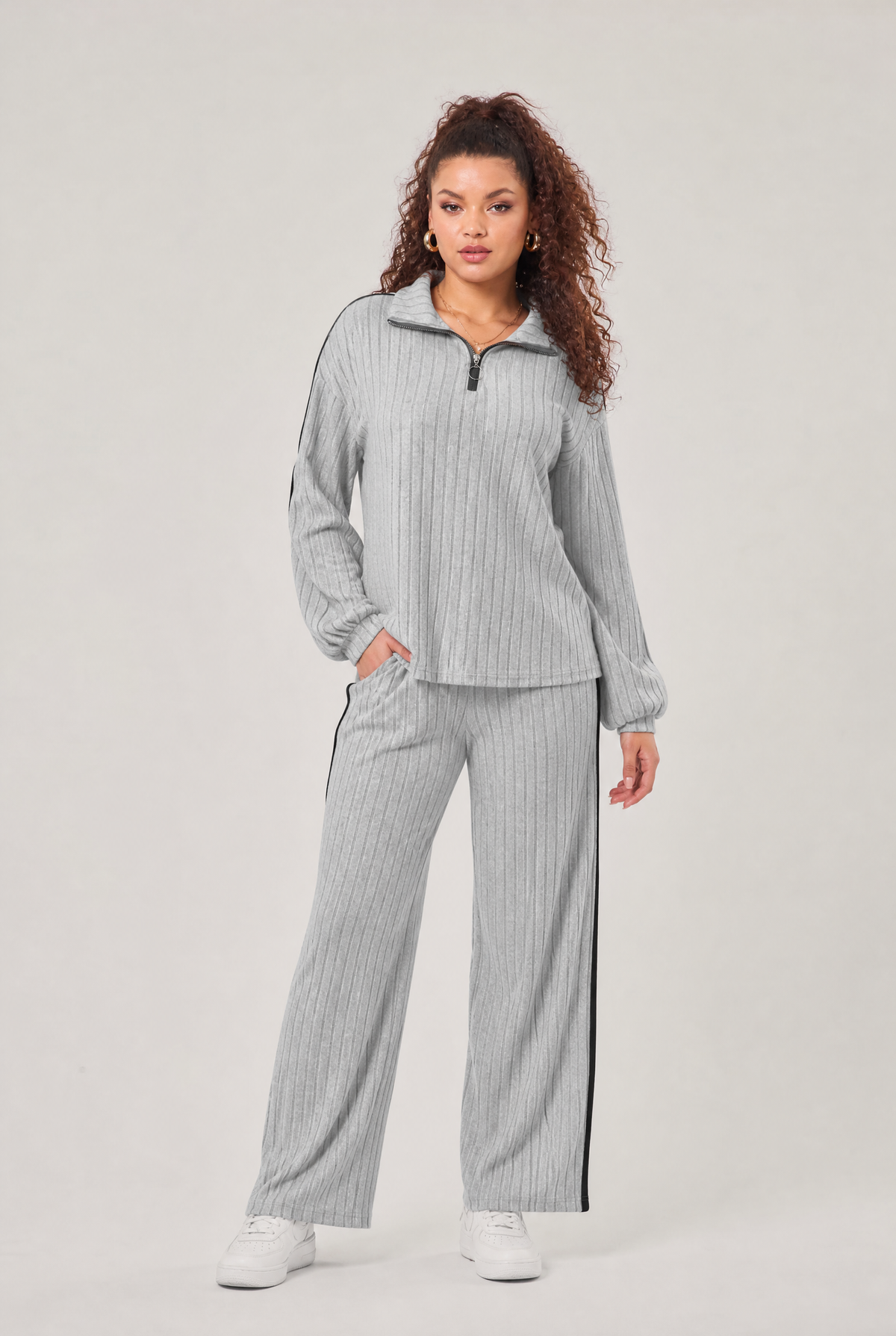 Women's Plus Size Ribbed Half Zip Lounge Set - Two Piece Co Ord