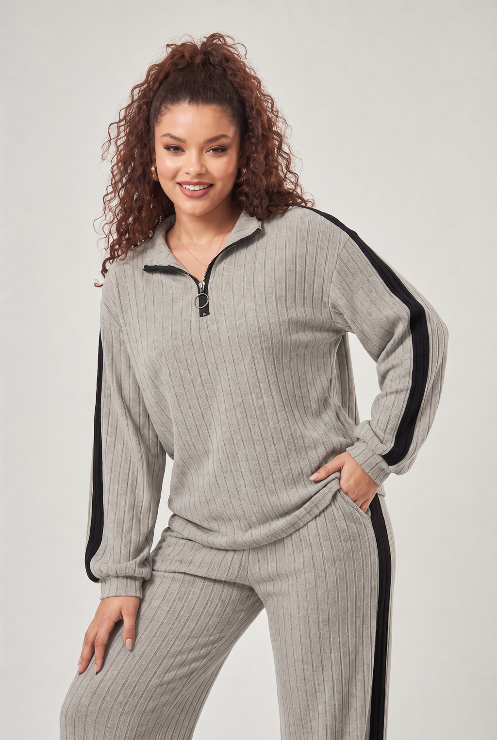 Women's Plus Size Ribbed Half Zip Lounge Set - Two Piece Co Ord