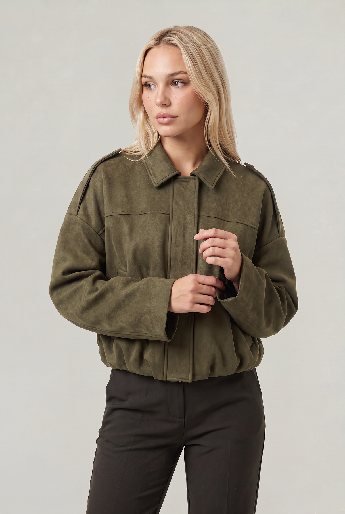 Women's Oversized Collared Suede Look Zip Jacket