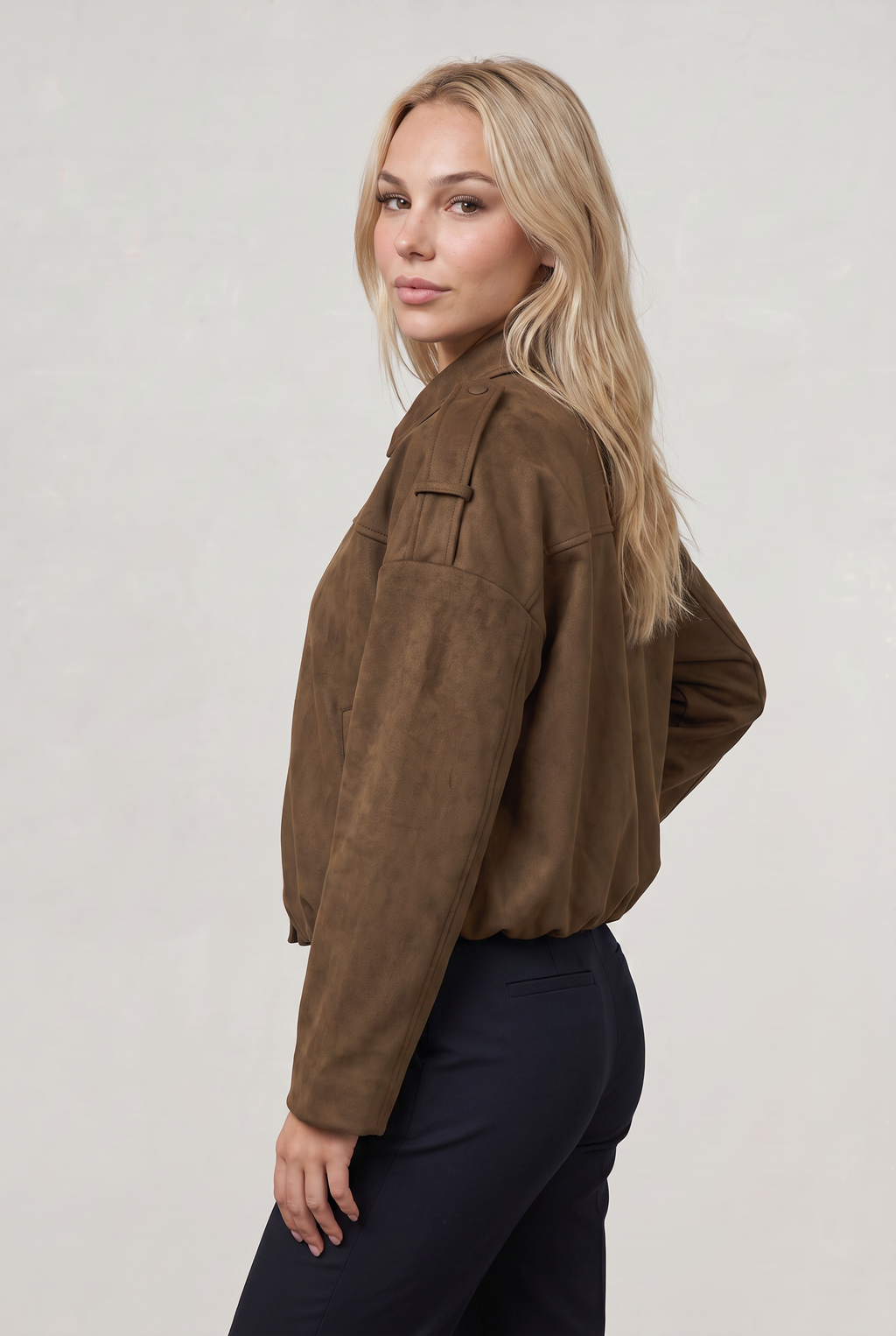 Women's Oversized Collared Suede Look Zip Jacket