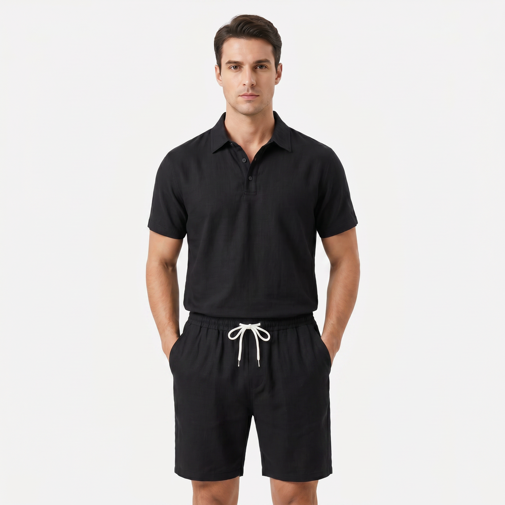 Men's Linen Short Sleeve Polo Shirt and Shorts Set