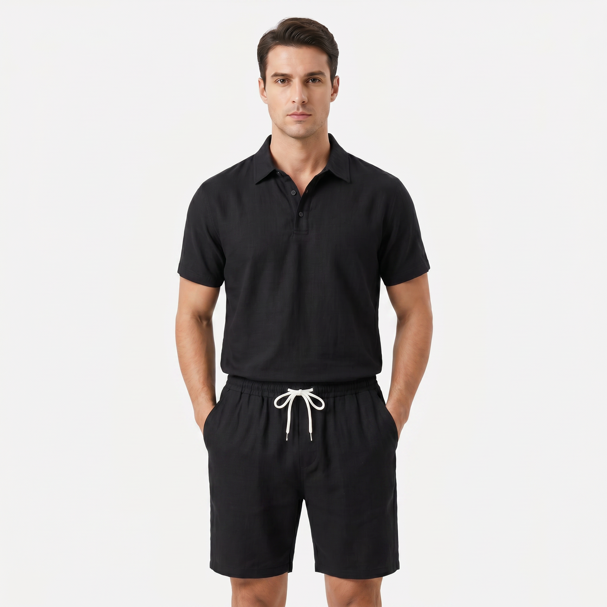 Men's Linen Short Sleeve Polo Shirt and Shorts Set