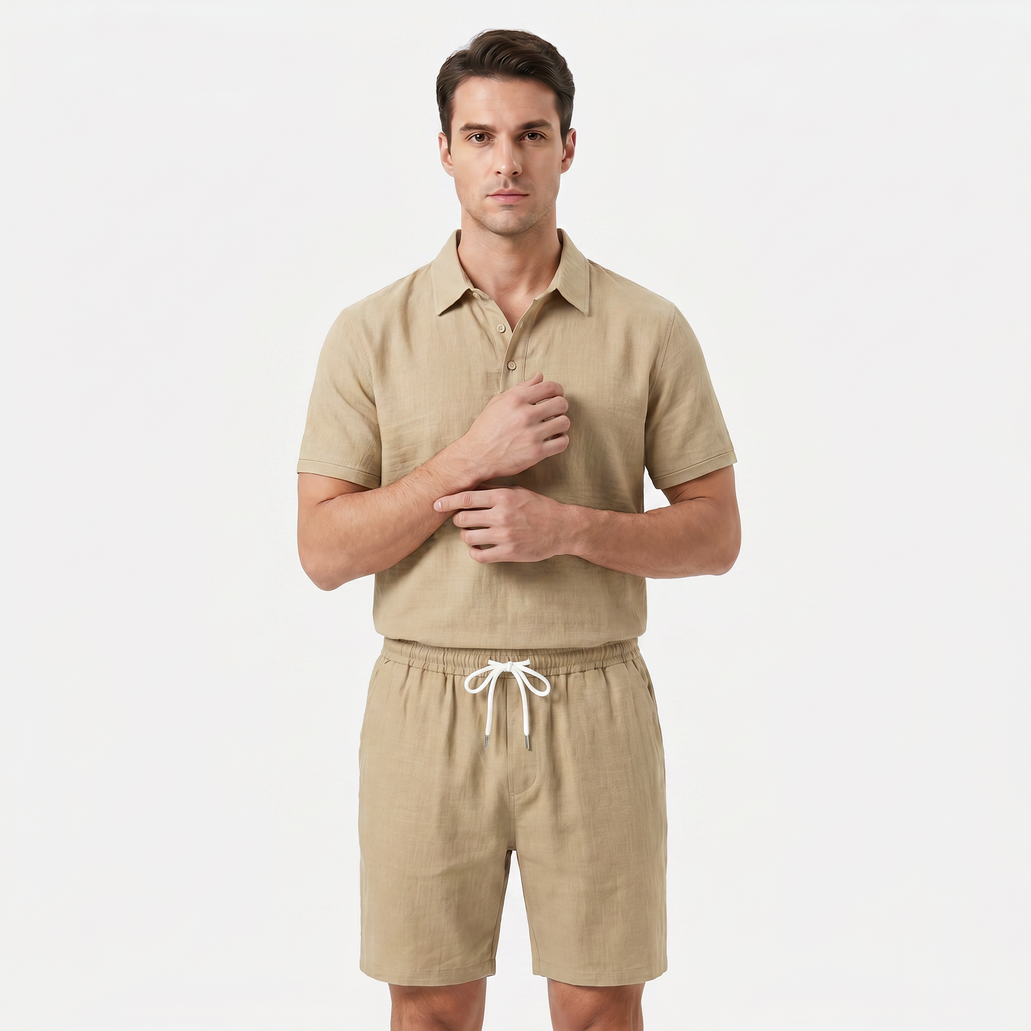Men's Linen Short Sleeve Polo Shirt and Shorts Set