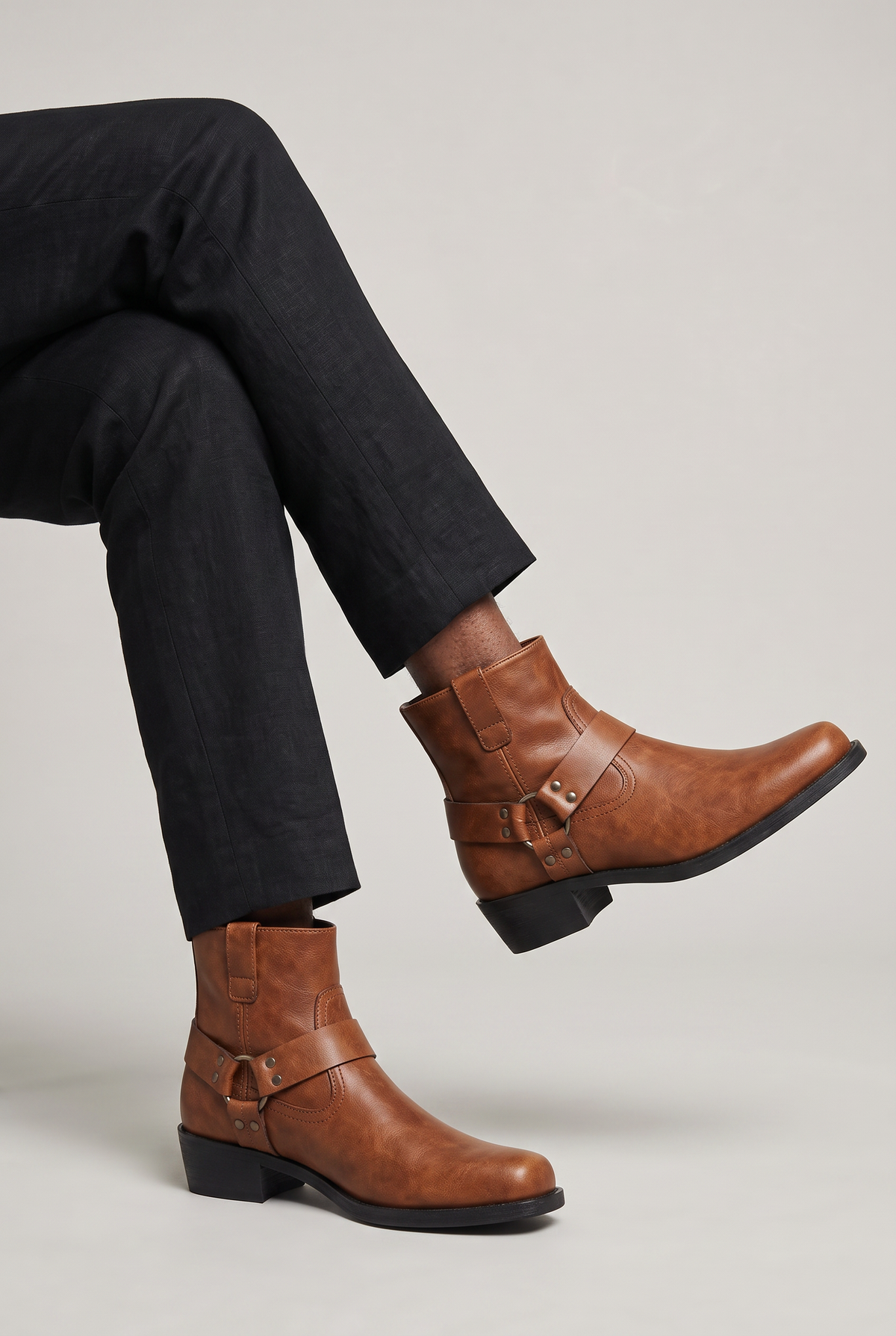 Men’s Leather Side-Zip Harness Ankle Boots