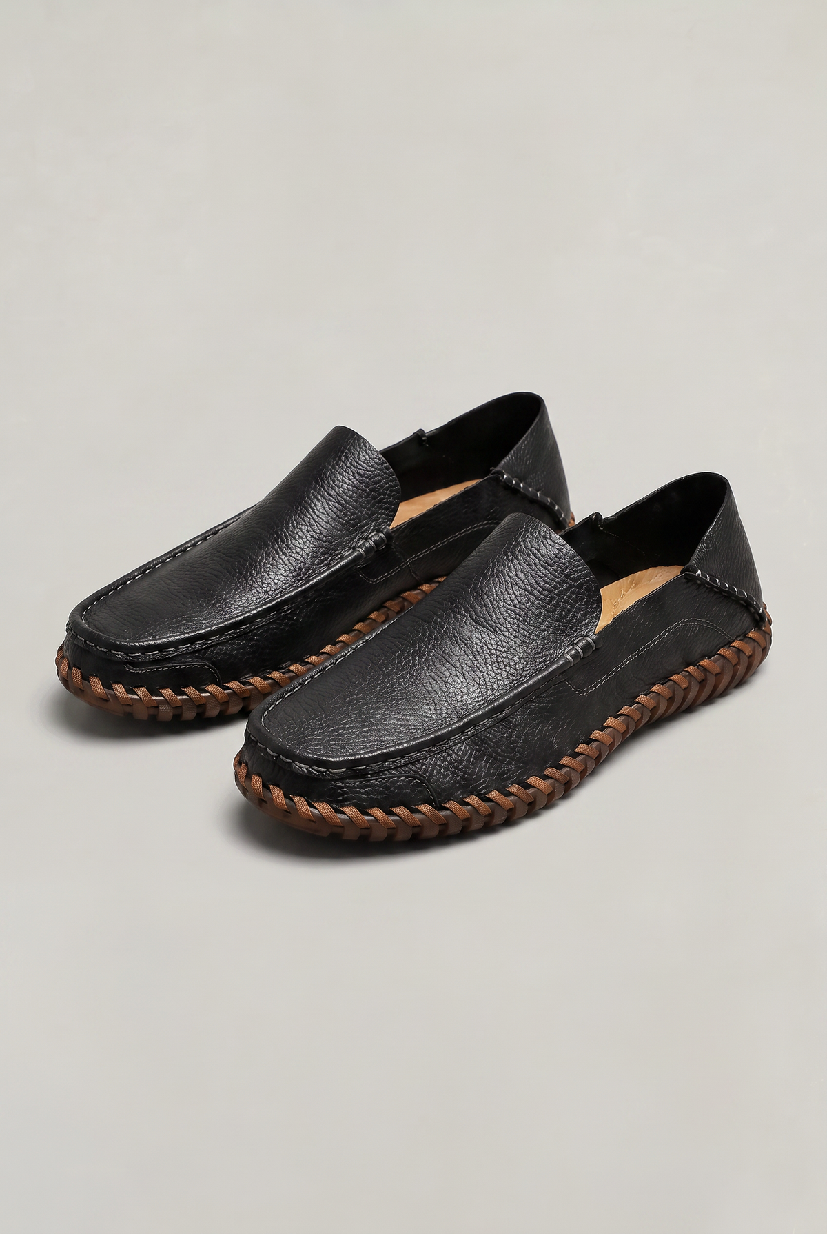 Men's Handstitched PU Leather Slip-On Loafers - Round Toe Smart Casual