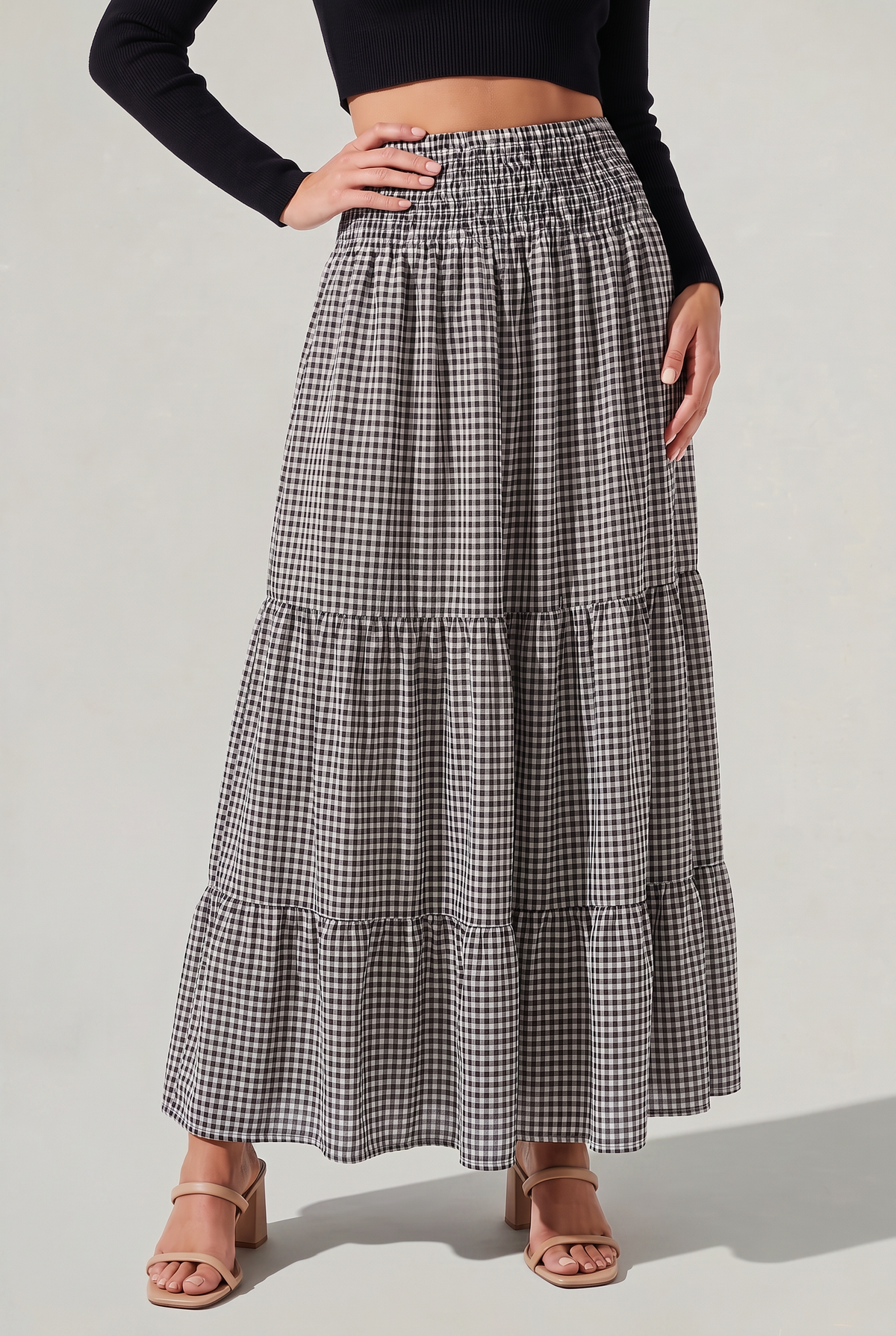 Women’s Checked Tiered A-Line Maxi Skirt