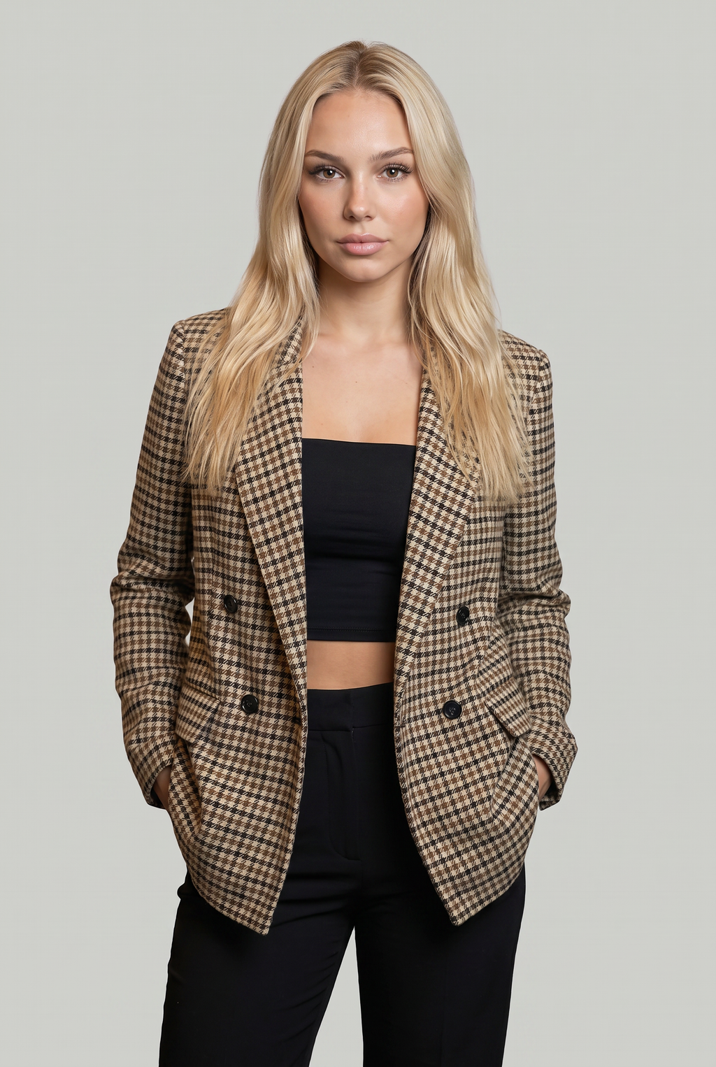 Women's Houndstooth Blazer - Oversized Check Double Breasted