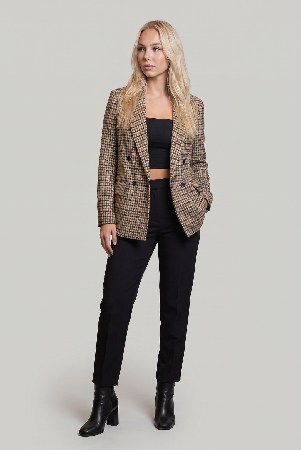 Women's Houndstooth Blazer - Oversized Check Double Breasted