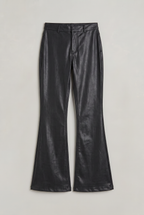 Women's Low-Rise Black Coated Flare Trousers
