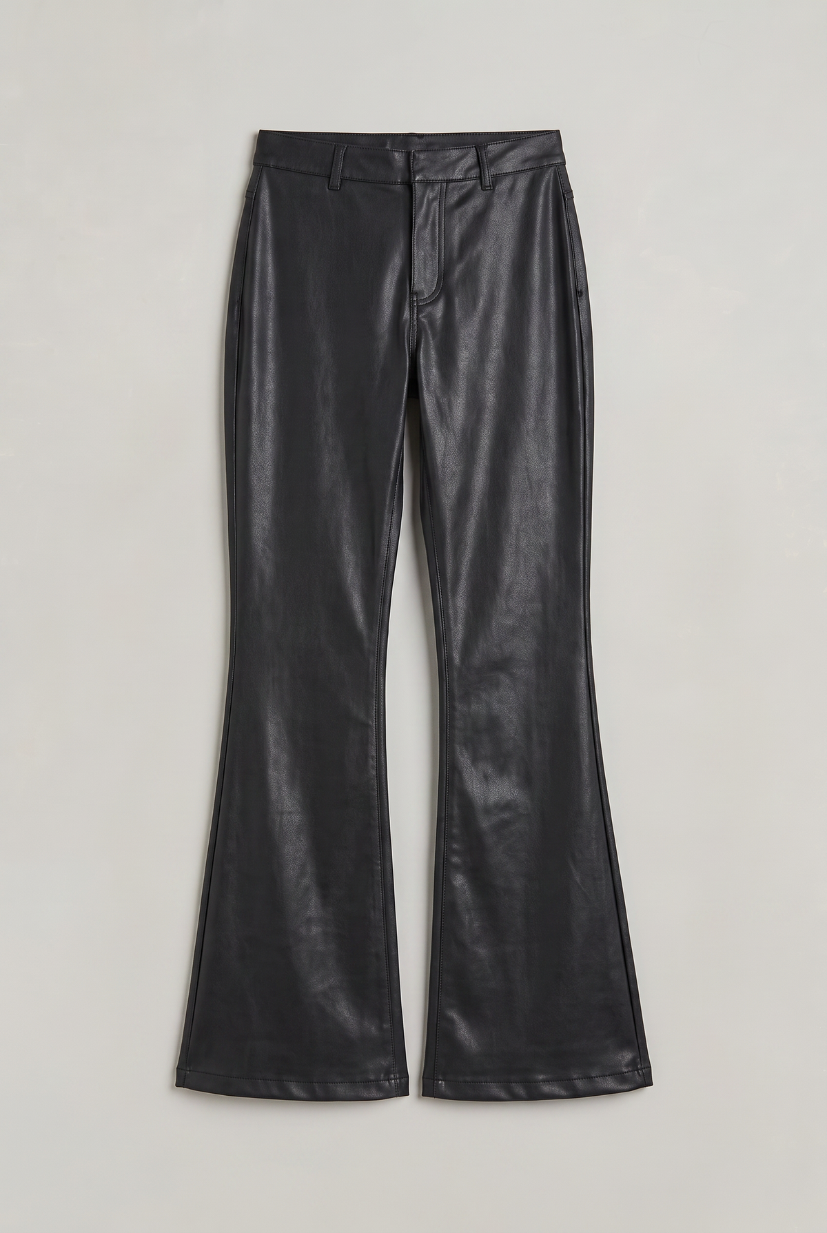 Women's Low-Rise Black Coated Flare Trousers