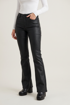 Women's Low-Rise Black Coated Flare Trousers