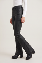 Women's Low-Rise Black Coated Flare Trousers