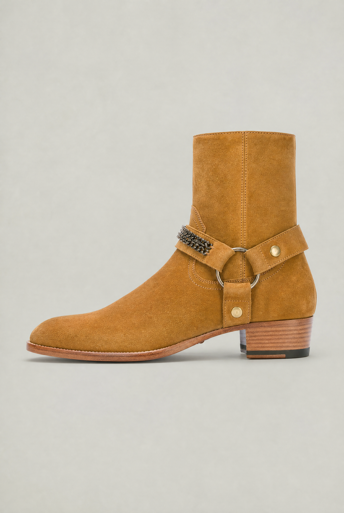 Men's Harness Boots - Chain Strap Ankle Boots with Side Zip
