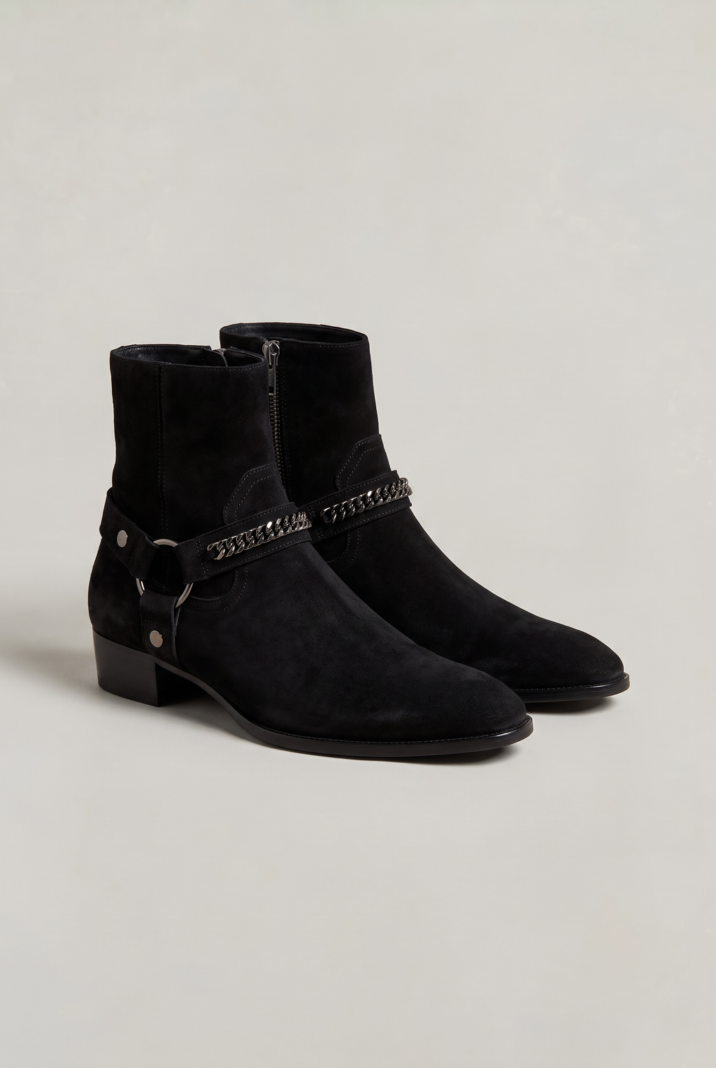 Men's Harness Boots - Chain Strap Ankle Boots with Side Zip