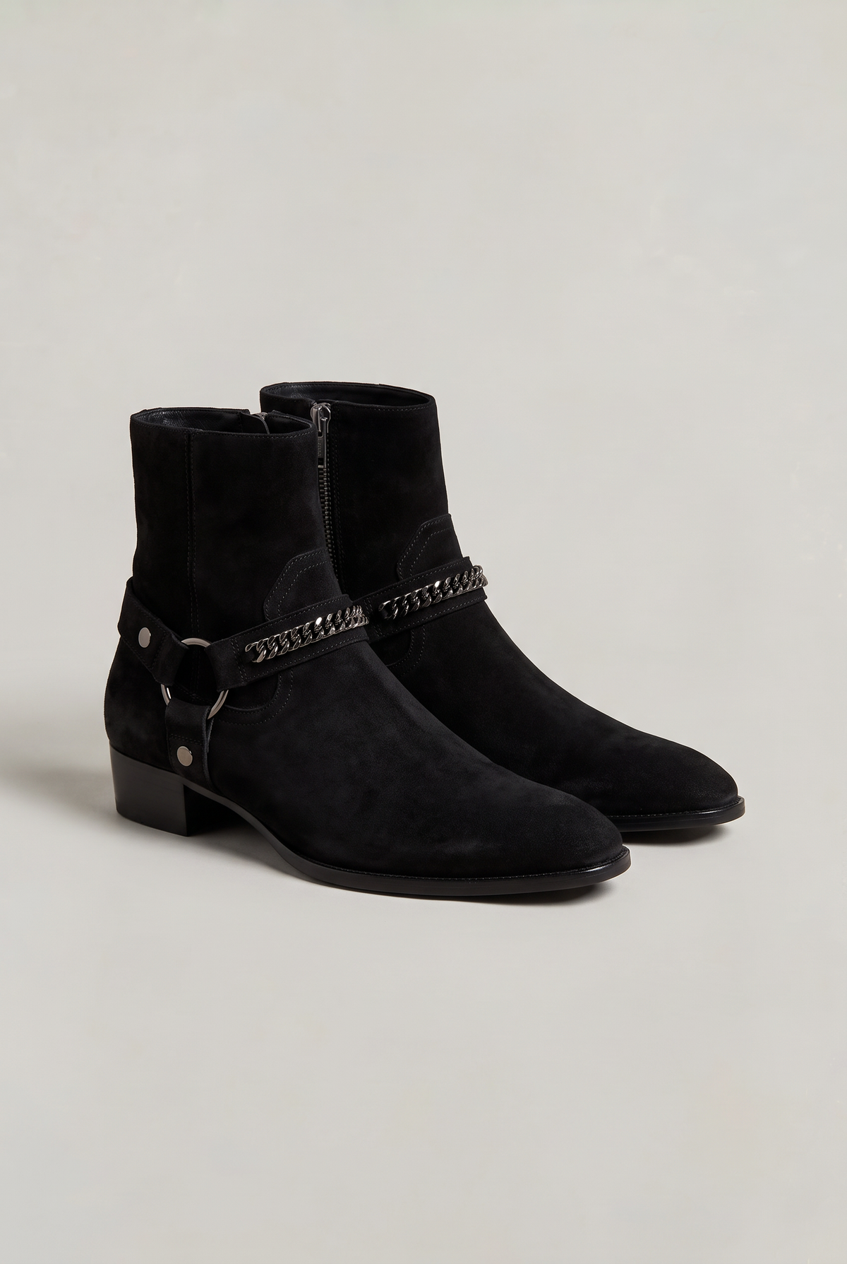 Men's Harness Boots - Chain Strap Ankle Boots with Side Zip