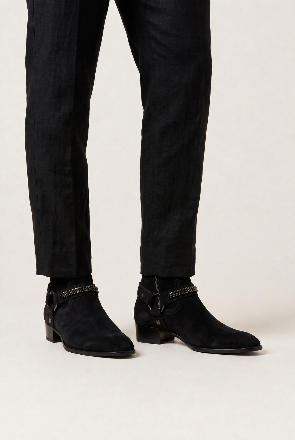 Men's Harness Boots - Chain Strap Ankle Boots with Side Zip