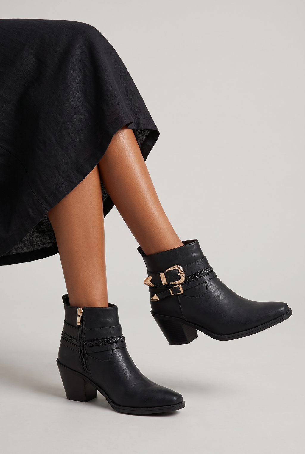 Women’s Buckle Strap Western Ankle Boots - Leather Look