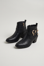 Women’s Buckle Strap Western Ankle Boots - Leather Look