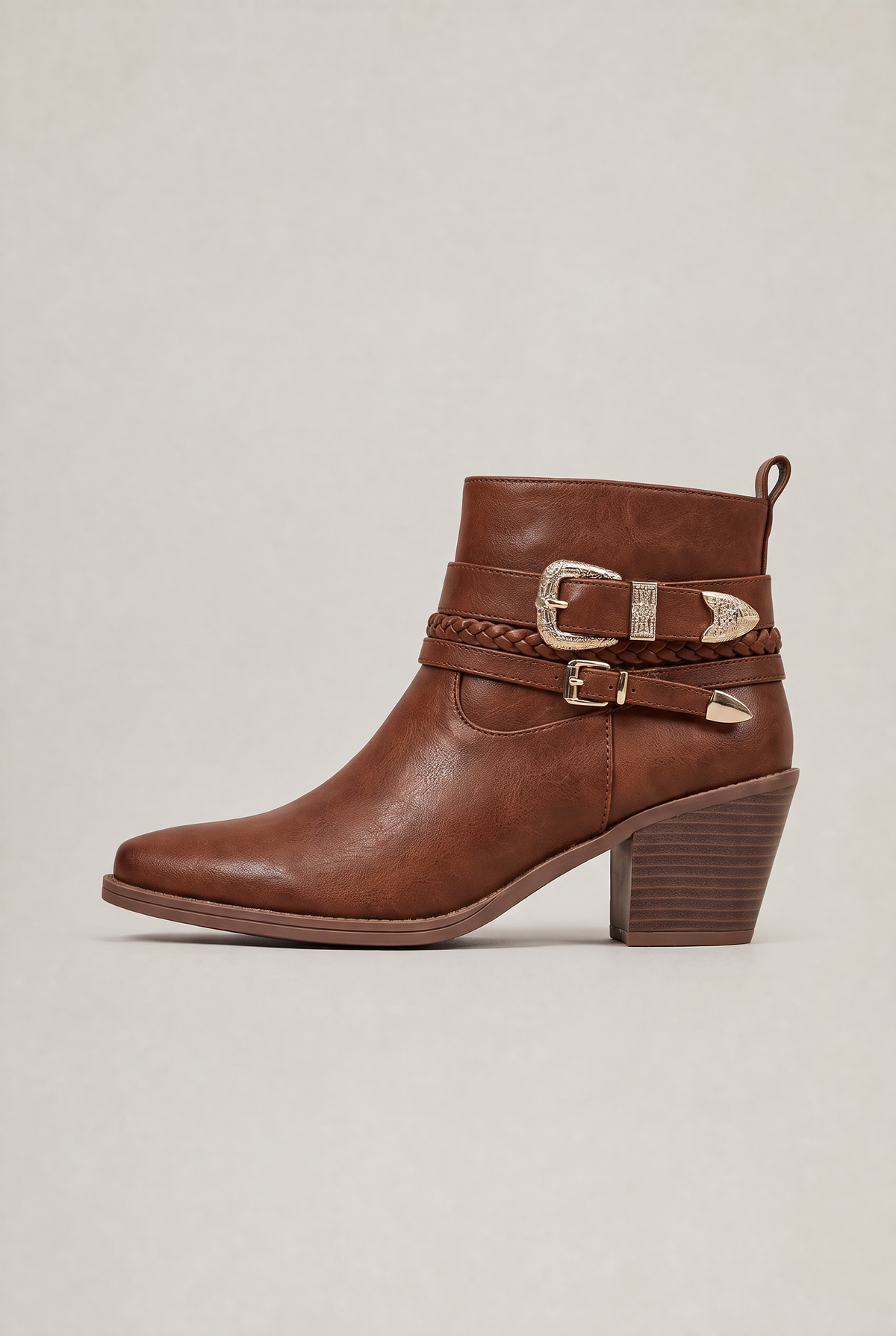Women’s Buckle Strap Western Ankle Boots - Leather Look