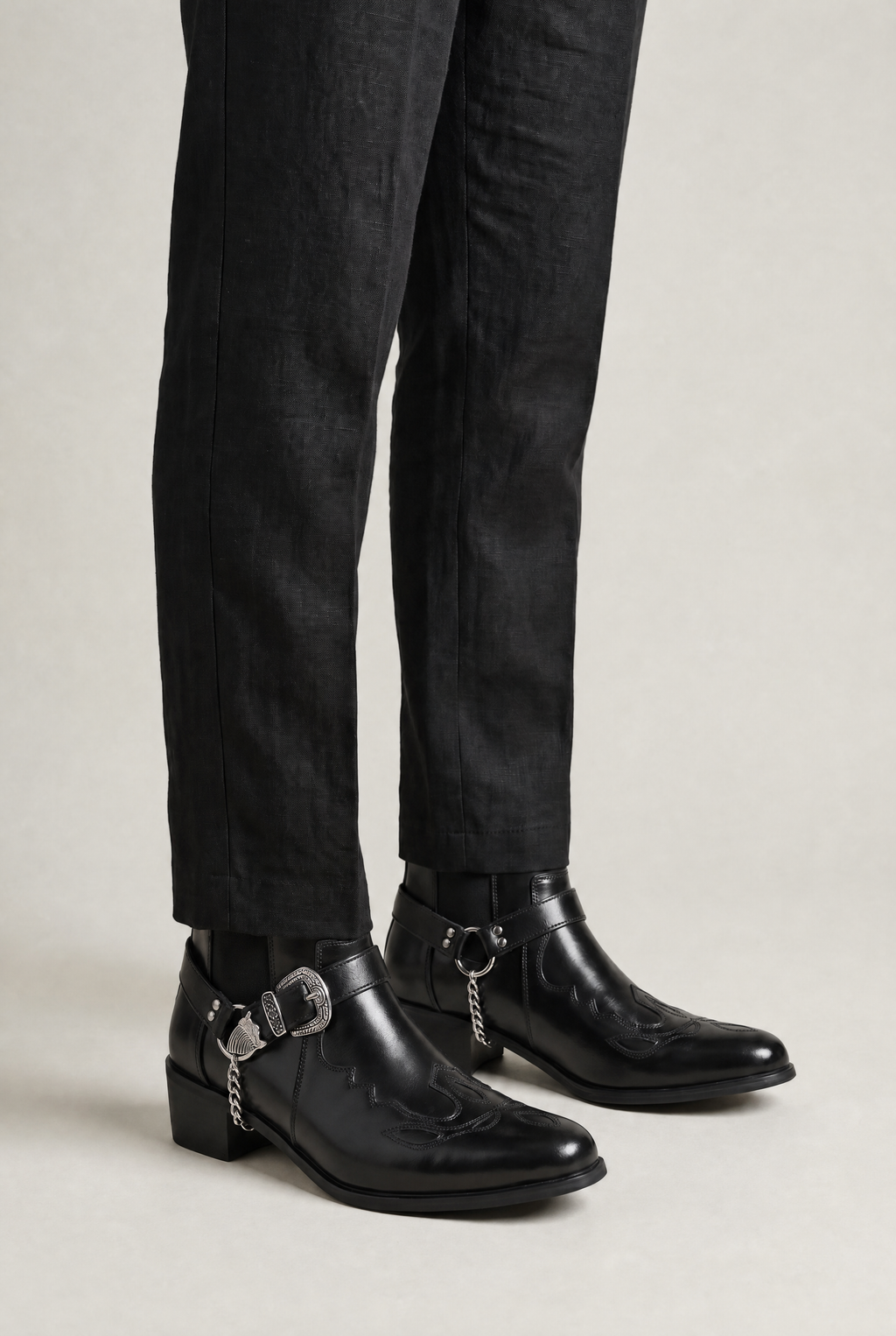 Men’s Western Buckle Chain Ankle Boots