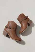 Women's Western Ankle Boots - Leather Look Buckle Strap Block Heel Cowboy Boots