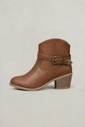 Women's Western Ankle Boots - Leather Look Buckle Strap Block Heel Cowboy Boots