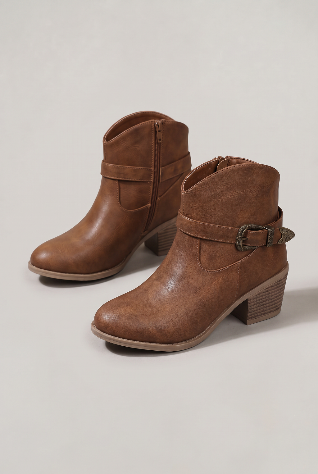 Women's Western Ankle Boots - Leather Look Buckle Strap Block Heel Cowboy Boots
