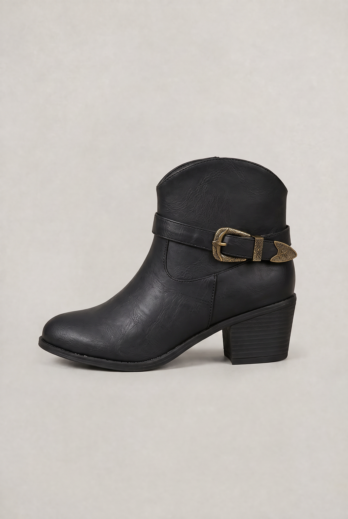Women's Western Ankle Boots - Leather Look Buckle Strap Block Heel Cowboy Boots