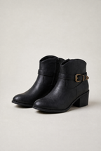 Women's Western Ankle Boots - Leather Look Buckle Strap Block Heel Cowboy Boots