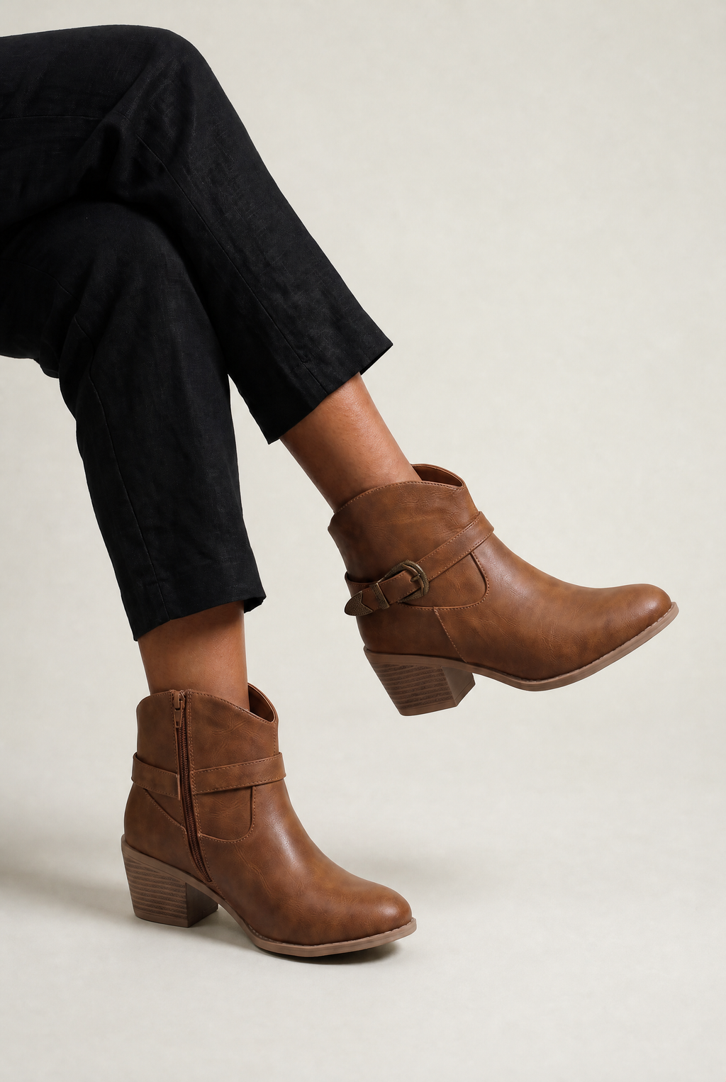 Women's Western Ankle Boots - Leather Look Buckle Strap Block Heel Cowboy Boots
