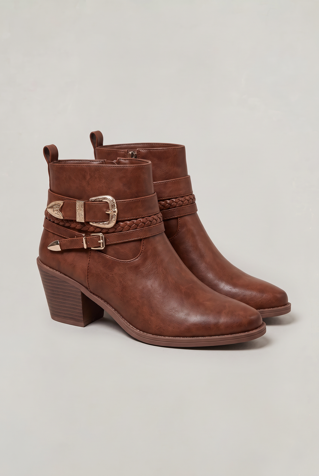 Women’s Buckle Strap Western Ankle Boots - Leather Look