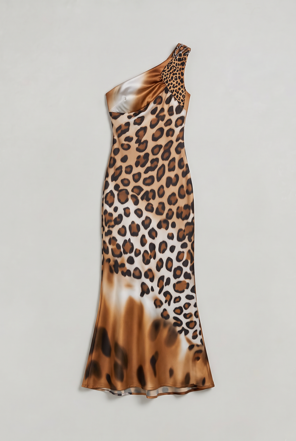 Women’s One-Shoulder Leopard Satin Maxi Dress
