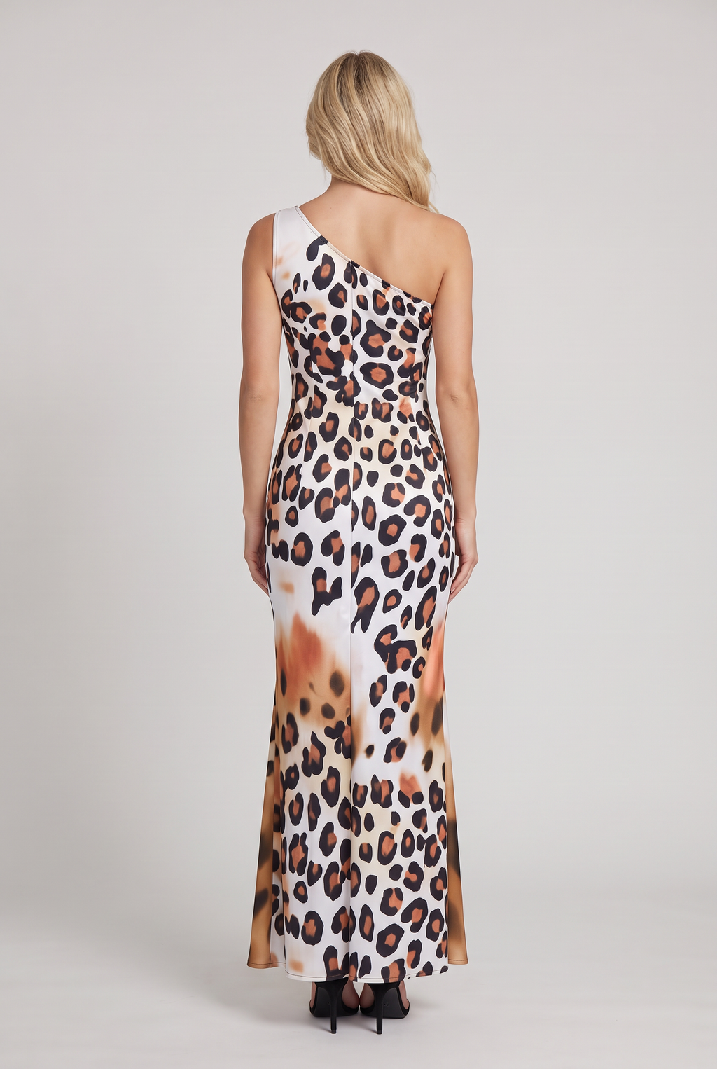 Women’s One-Shoulder Leopard Satin Maxi Dress