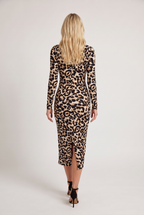 Women’s Long Sleeve Leopard Print Bodycon Midi Dress