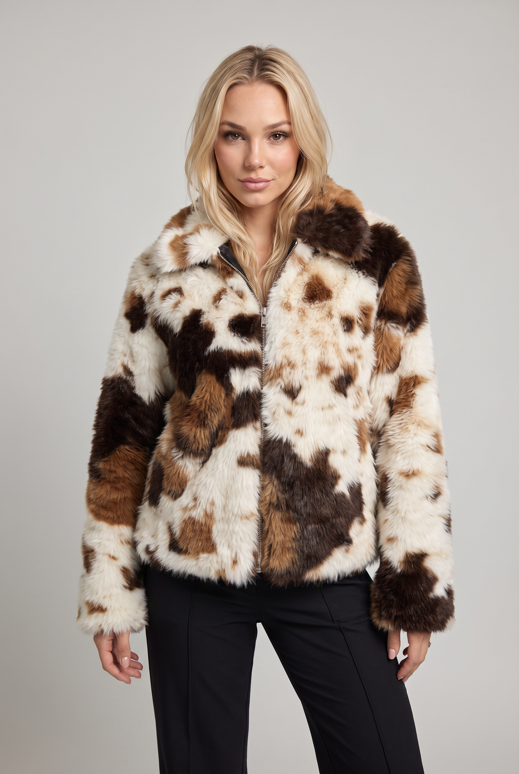 Women’s Cow Print Faux Fur Zip Jacket