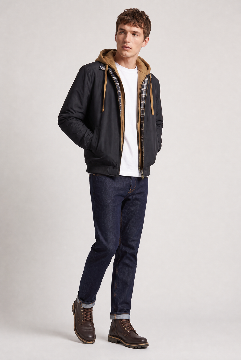 Men’s Plaid-Lined Hooded Bomber Jacket