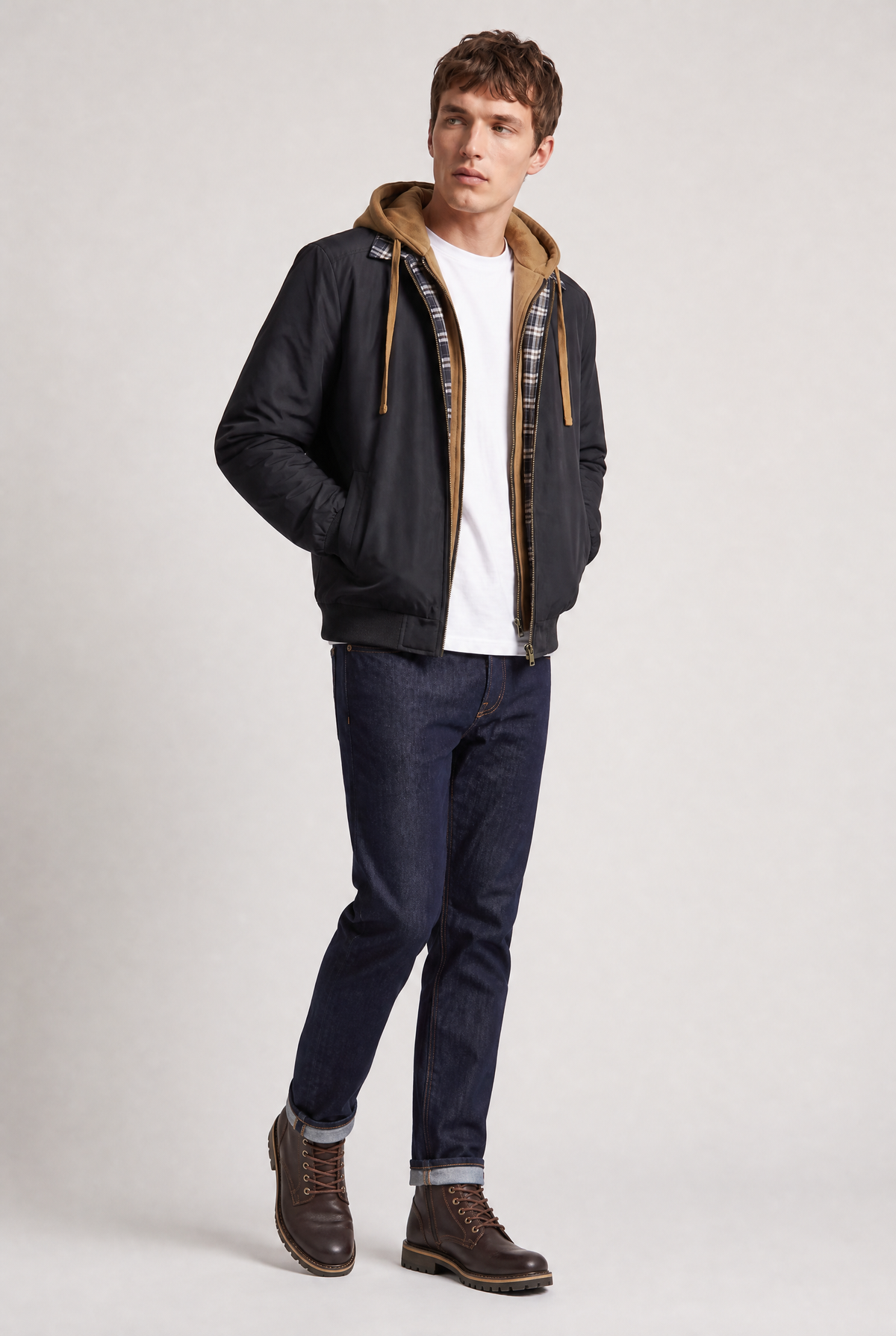 Men’s Plaid-Lined Hooded Bomber Jacket