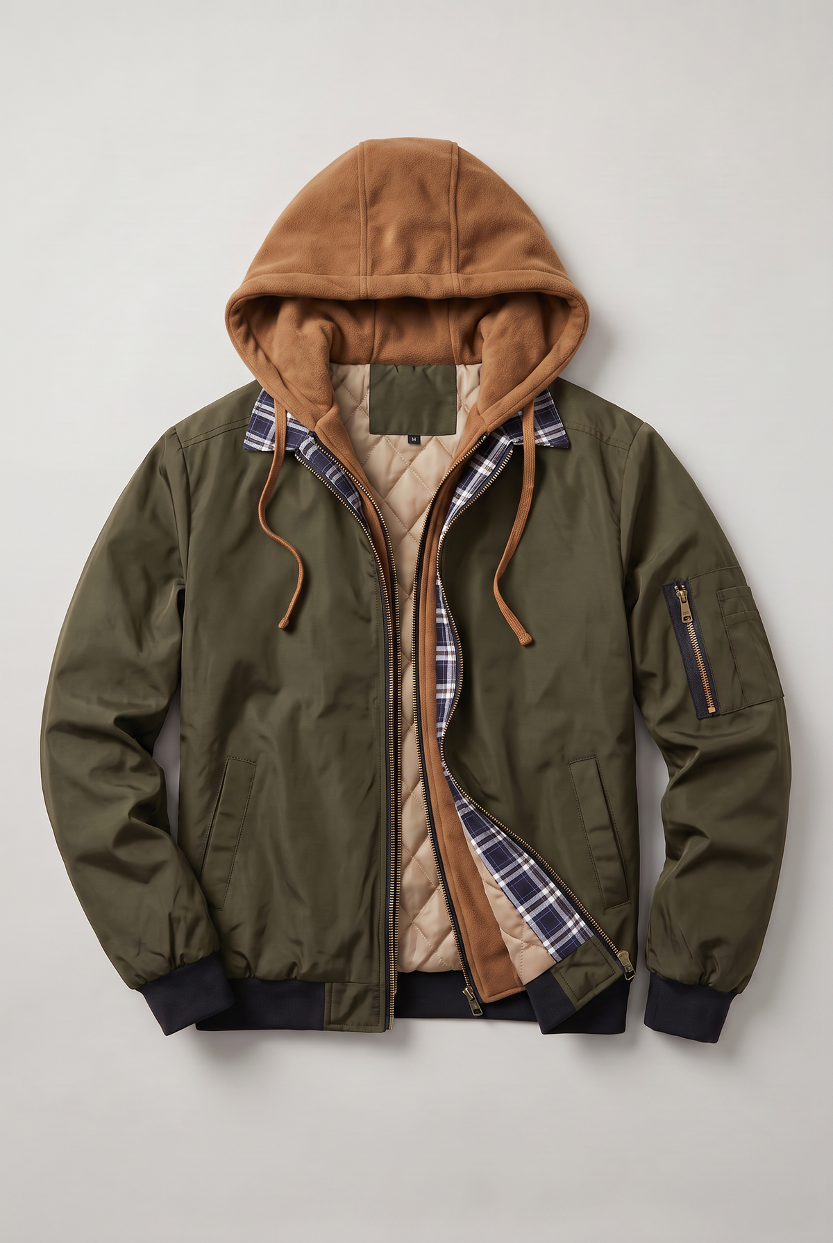 Men’s Plaid-Lined Hooded Bomber Jacket