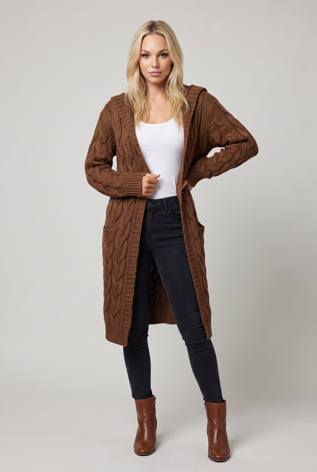 Women’s Hooded Cable Knit Longline Cardigan