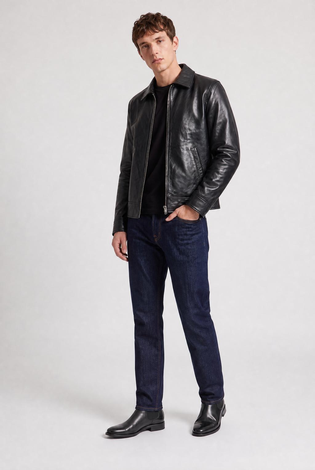 Men’s Genuine Leather Biker Collared Jacket