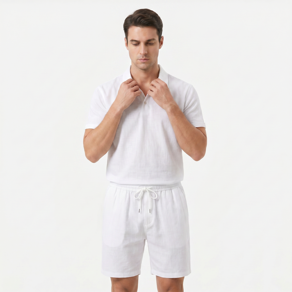 Men's Linen Short Sleeve Polo Shirt and Shorts Set