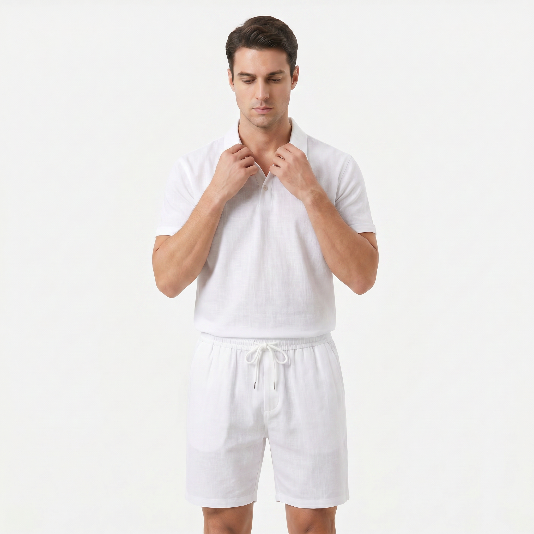 Men's Linen Short Sleeve Polo Shirt and Shorts Set