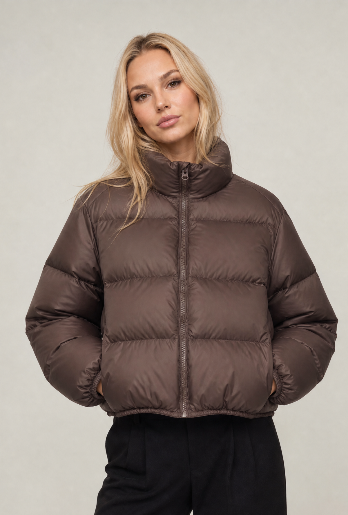 Women's Puffer Jacket Funnel Neck Cropped Fit