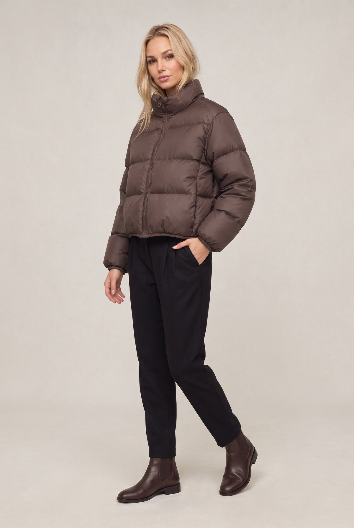 Women's Puffer Jacket Funnel Neck Cropped Fit